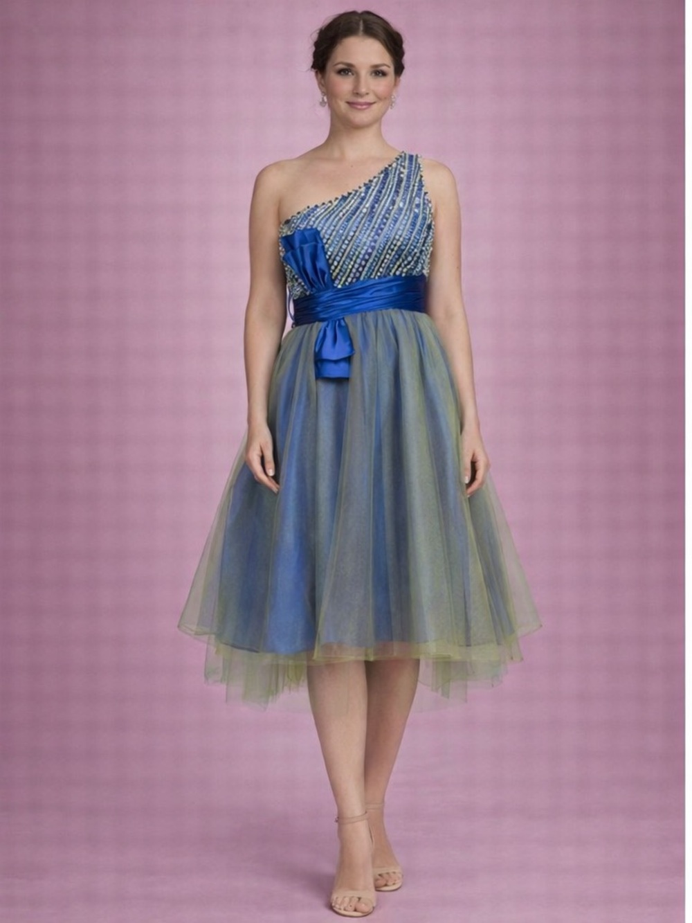 Blue and Green/yellow Tulle Party Dress with Beaded Bodice